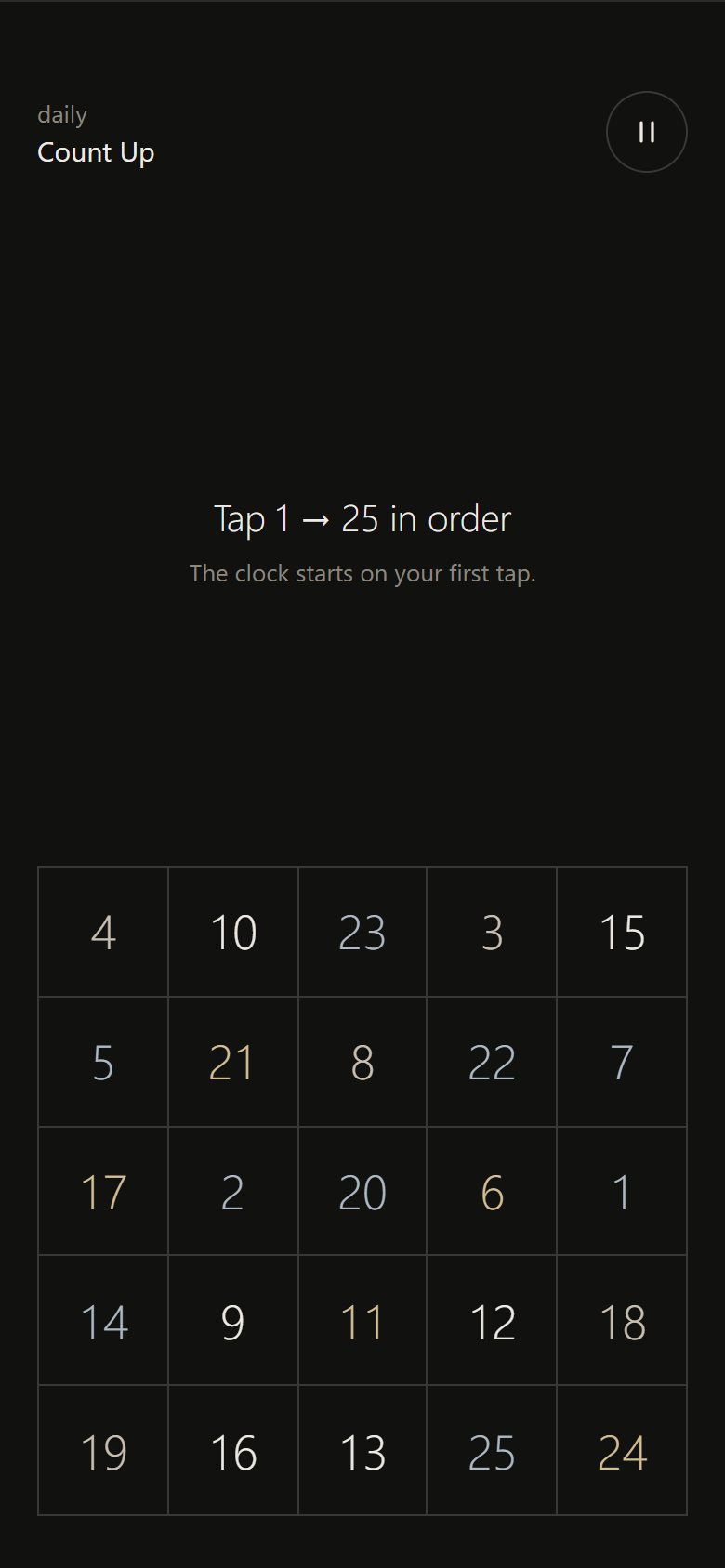 The Count Up exercise: a five-by-five grid of numbers to tap from 1 to 25 in order.